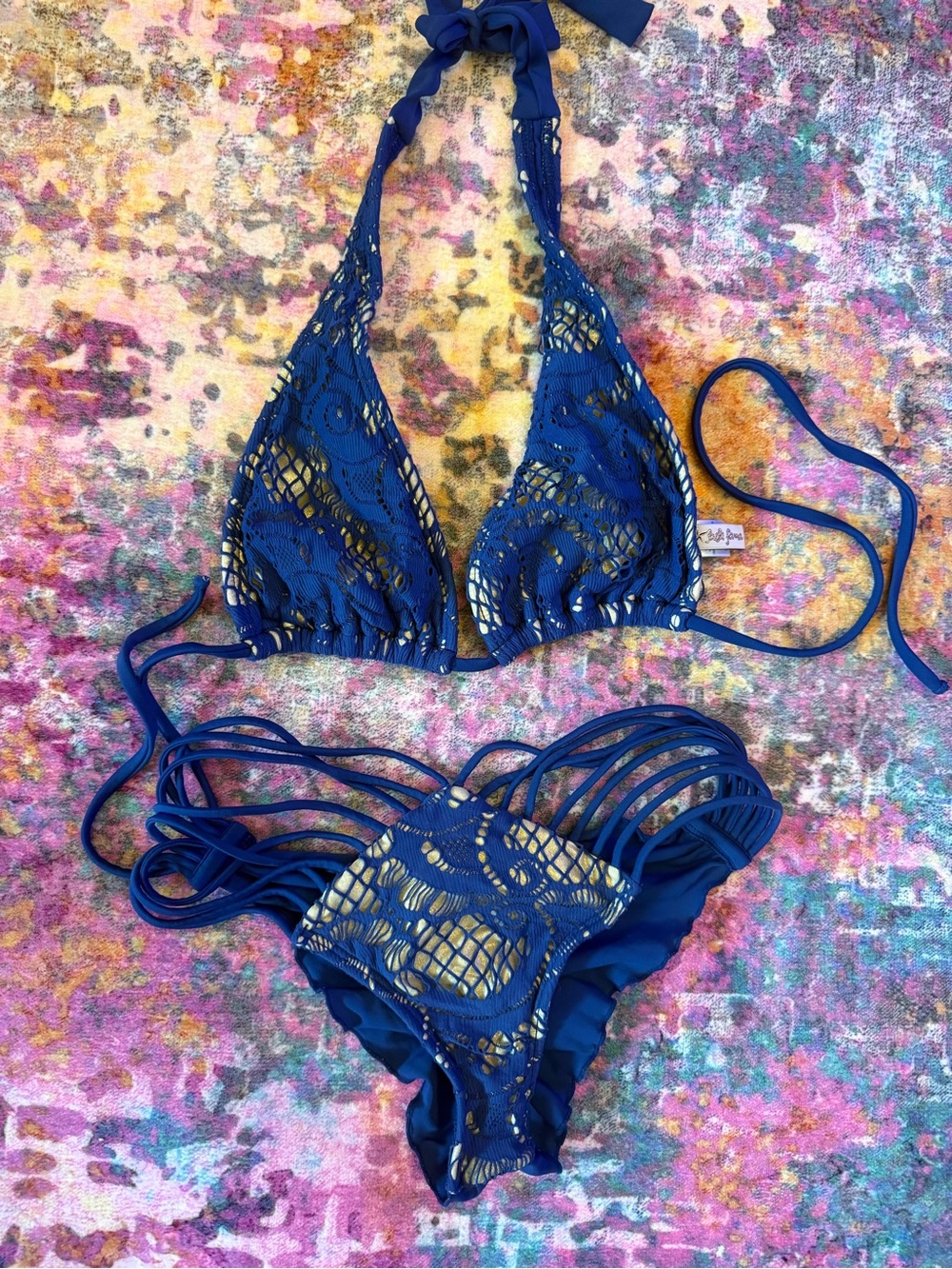 Luli Fama Royal Blue Crochet Halter Bikini